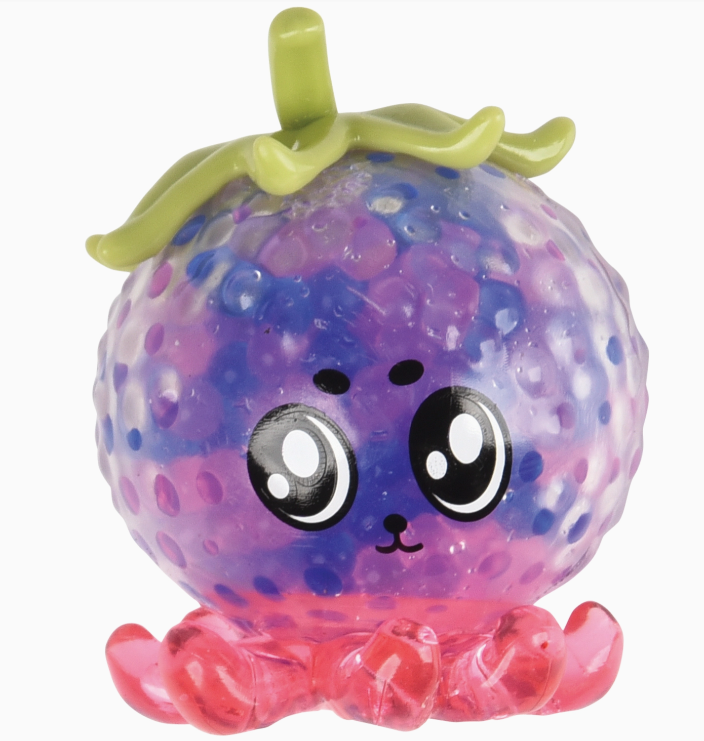 Colorful toy resembling a grape with a face on a white background