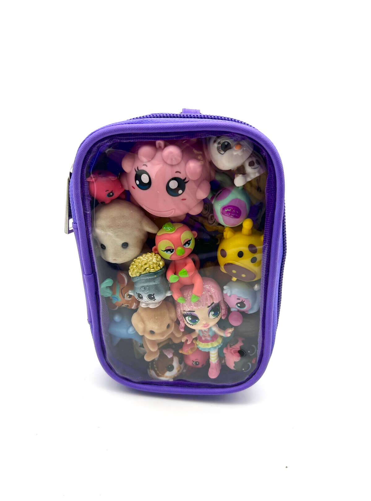 A purple zippered pouch with a clear front window, filled with various small colorful toy figurines, shown on a white background.