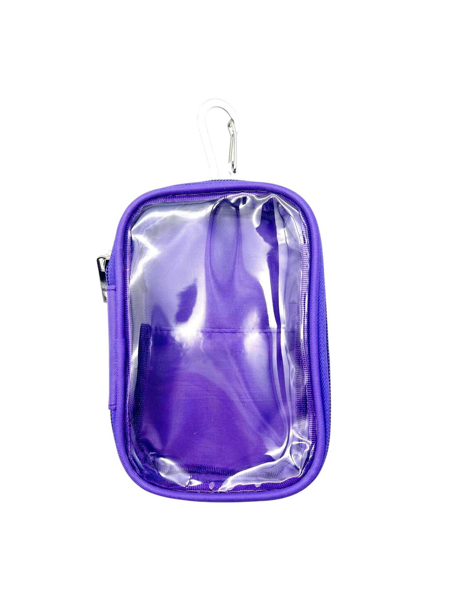 A purple zippered pouch with a clear plastic front window and a silver carabiner clip at the top, shown against a plain white background.