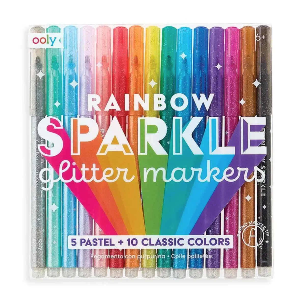 Pack of rainbow sparkle glitter markers with Ooly branding on a white background