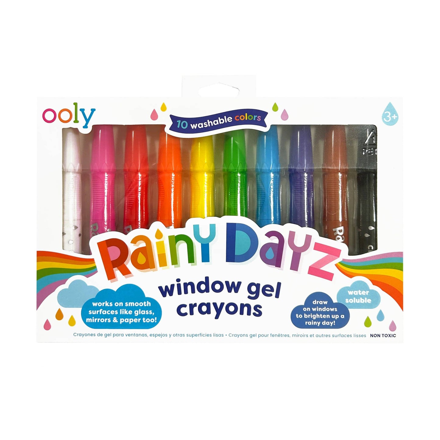 Pack of Ooly Rainy Dayz window gel crayons with colorful packaging on a white background