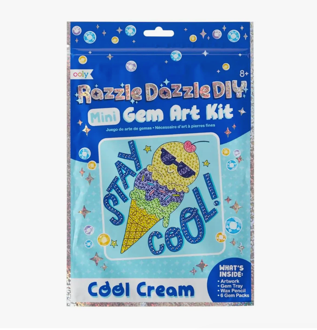 Razzle Dazzle DIY Mini Gem Art Kit packaging with ice cream cone design on a blue background