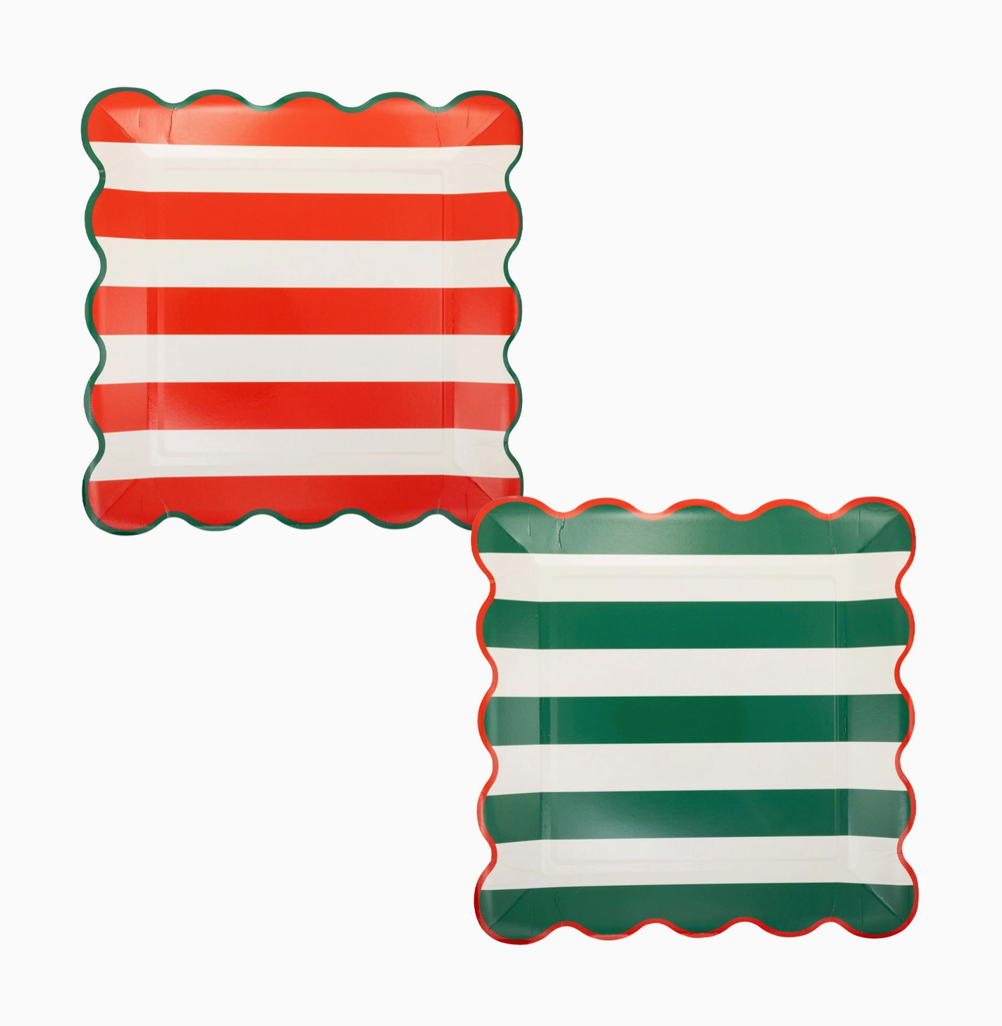 Two striped plates, one red and white, the other green and white, on a white background.