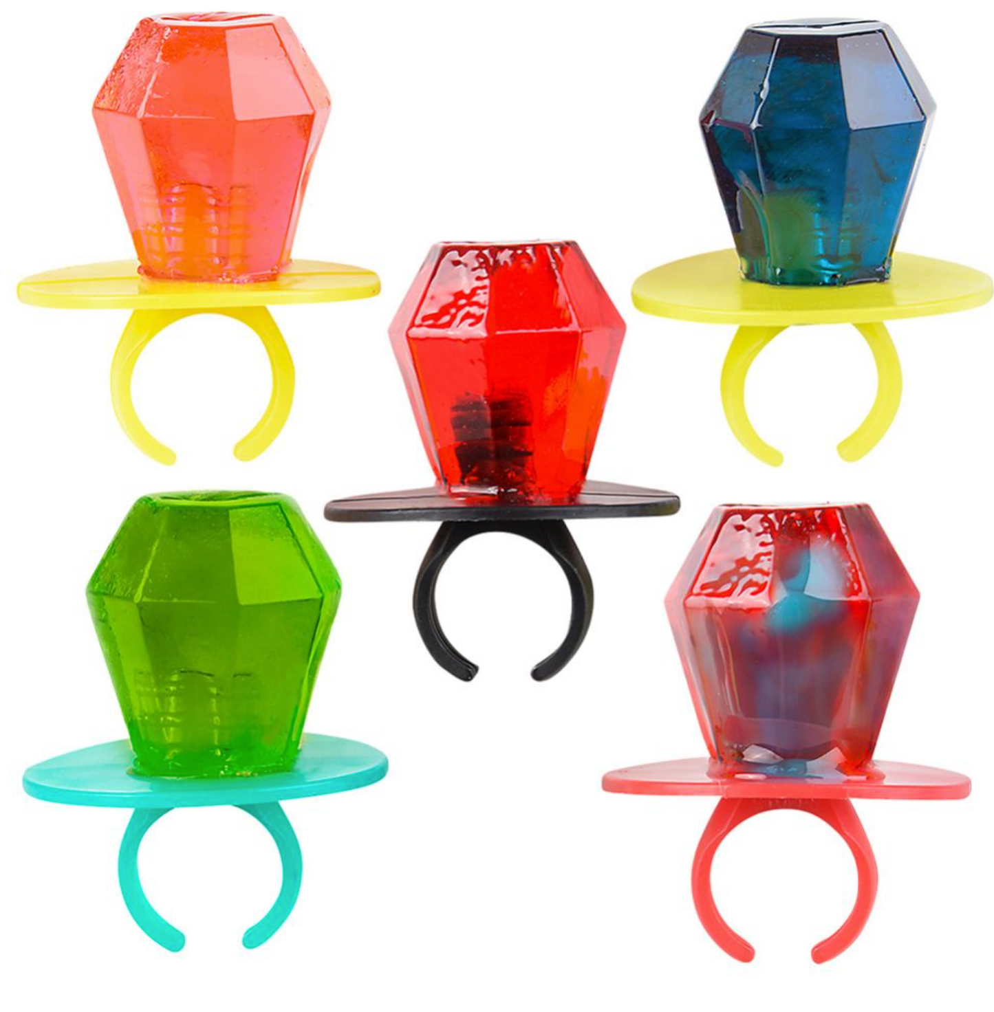 Colorful gemstone-shaped ring stands on a white background