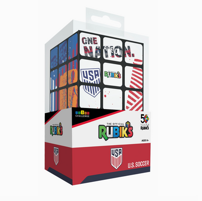 Rubik's Cube packaging with U.S. Soccer branding on a white background