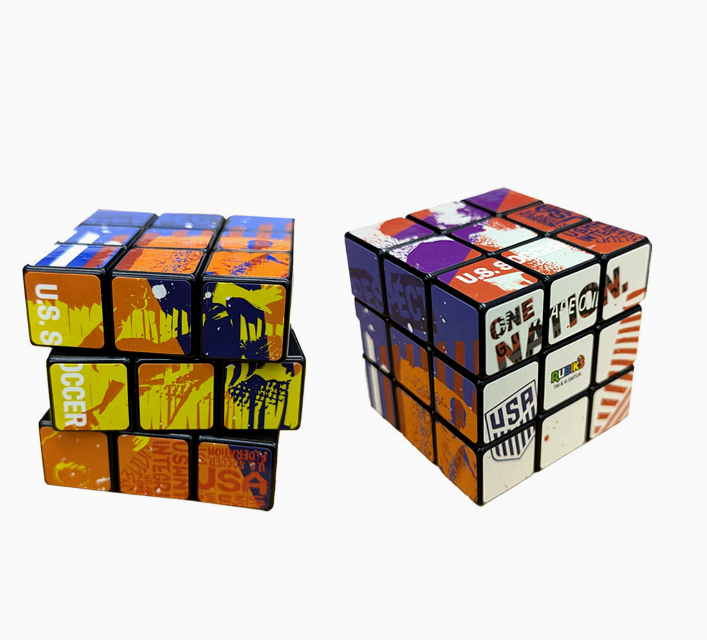 Rubik's Cube with artistic designs on a white background
