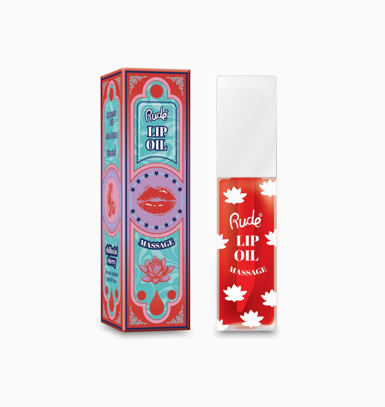 A tube of Rude Cosmetics Lip Oil in Chillaxin Cherry color, with a decorative packaging featuring a cherry design.