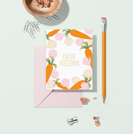 Easter Greeting Card with Carrots and Spring Flowers