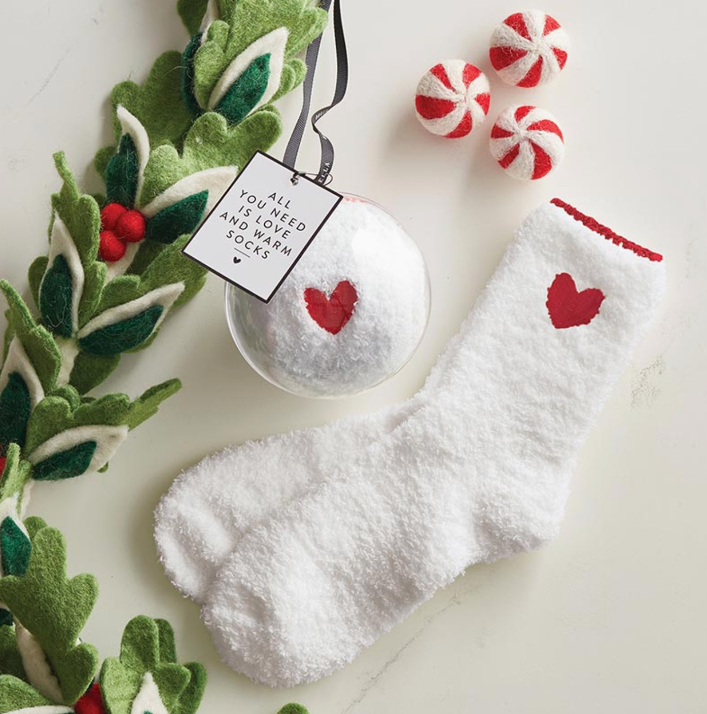 Cozy Socks in Ornament - Red with White Heart