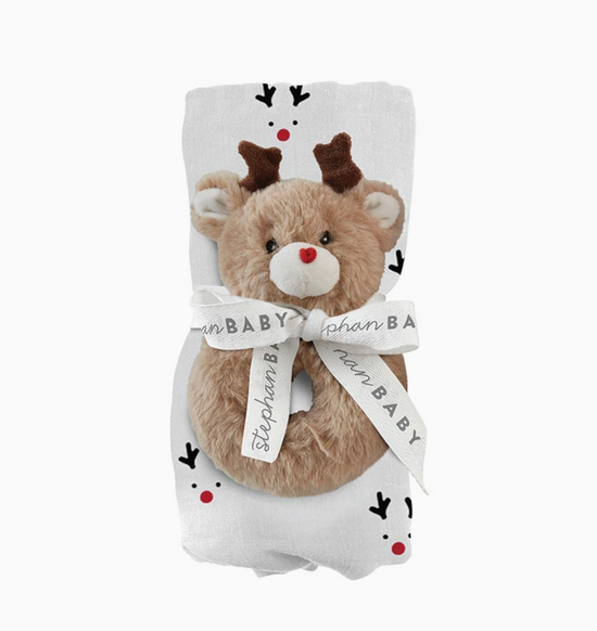 Swaddle Blanket + Plush Reindeer Rattle - Reindeer