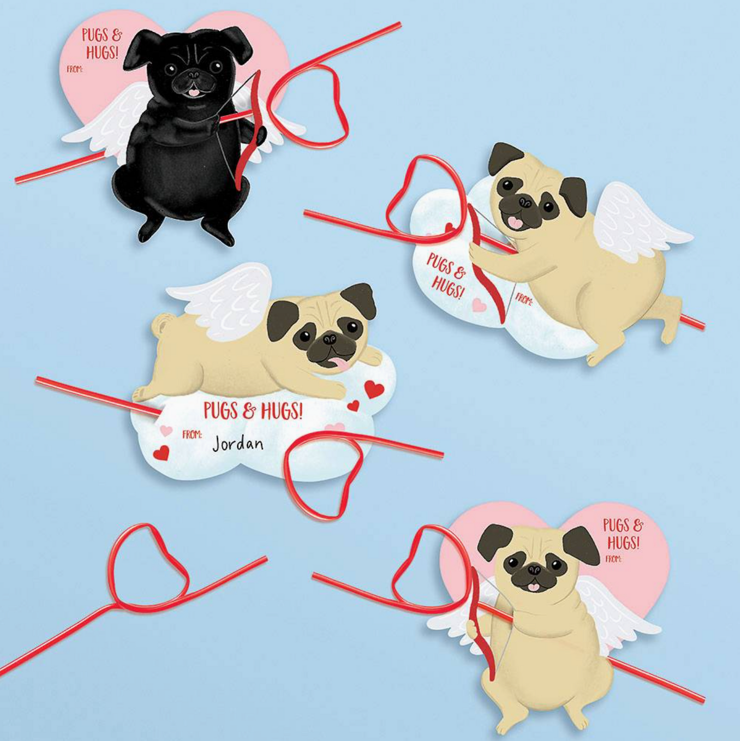 Cupid Pugs Straw Valentine's Card Kit