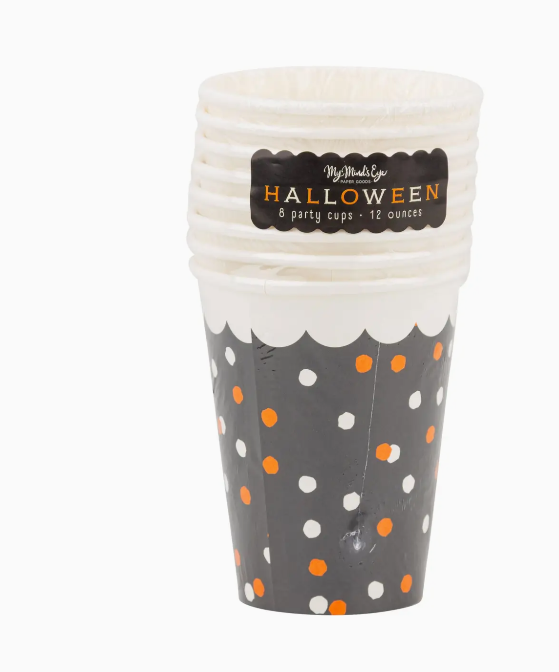 Set of Halloween-themed party cups with polka dot design on a white background