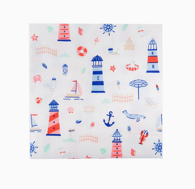 Fabric with nautical pattern including lighthouses, anchors, and ships on a white background
