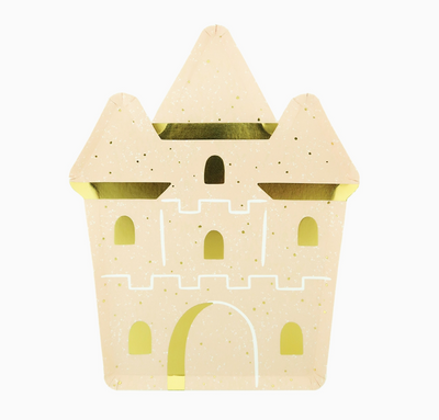 Beige castle-shaped container with green accents on a white background