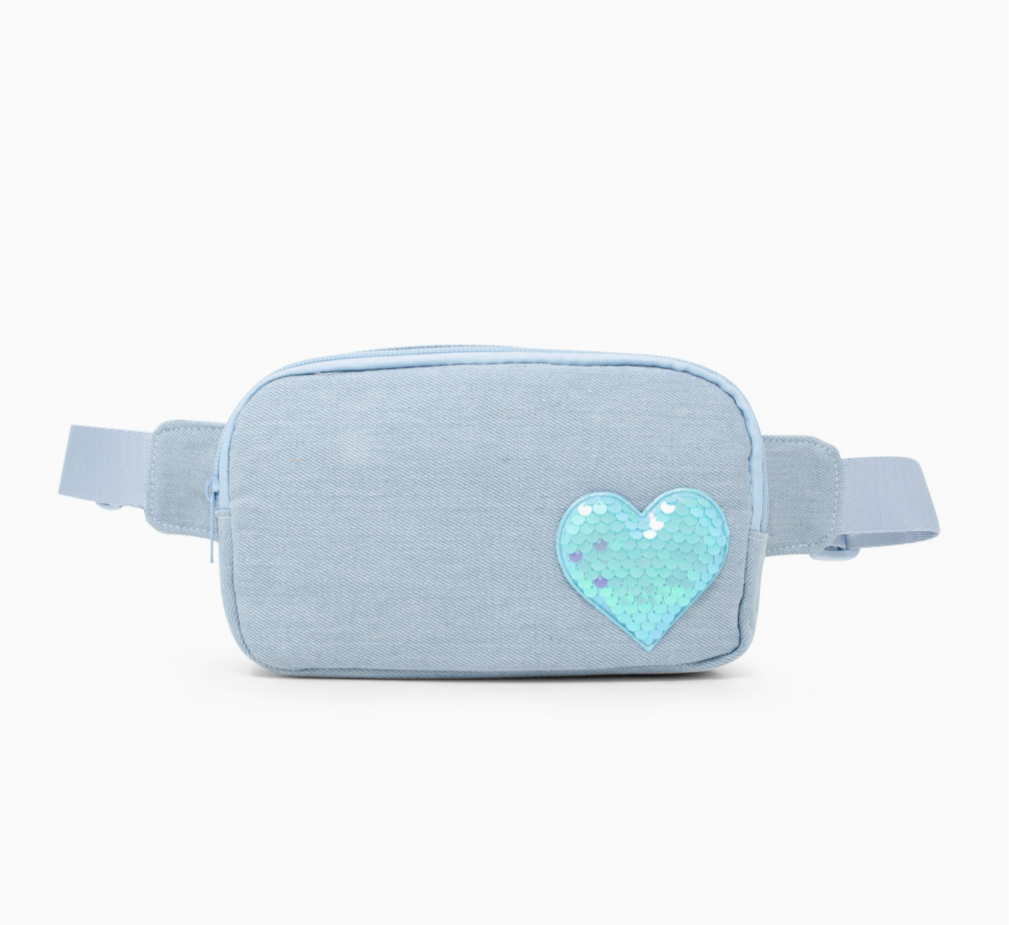A blue belt bag with a sequin heart design on the front, featuring adjustable straps.