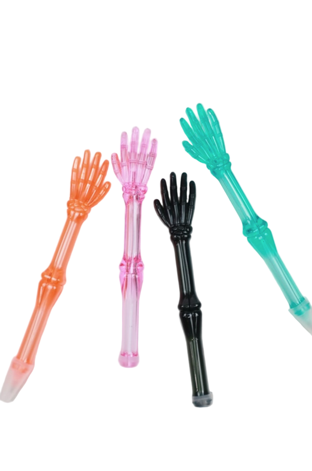 Four colorful hand-shaped pens on a white background