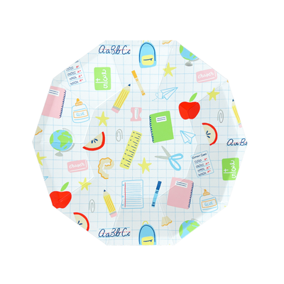 Roundel with educational-themed illustrations on a white background