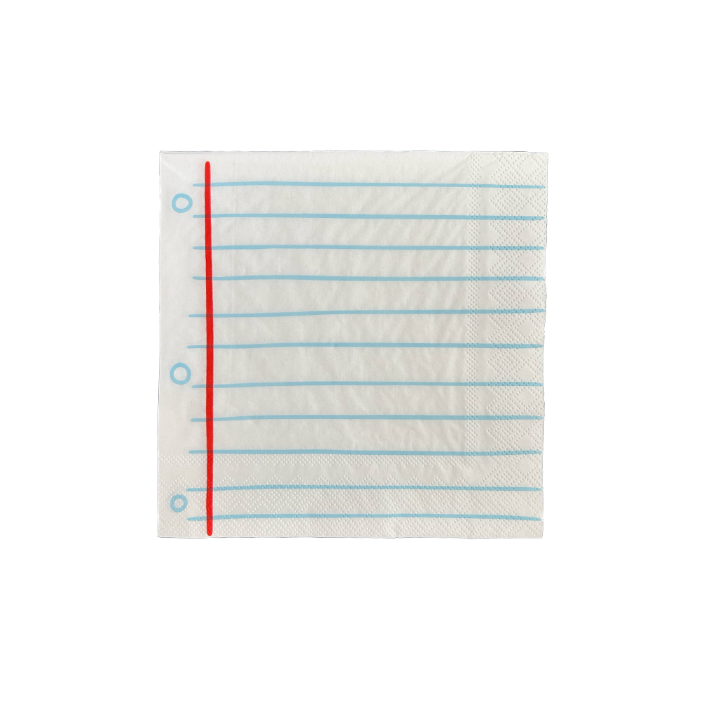 A single square paper napkin with a lined notebook page design, featuring a red vertical margin line, three blue circle grommets on the left, and light blue horizontal ruling on an off-white background.