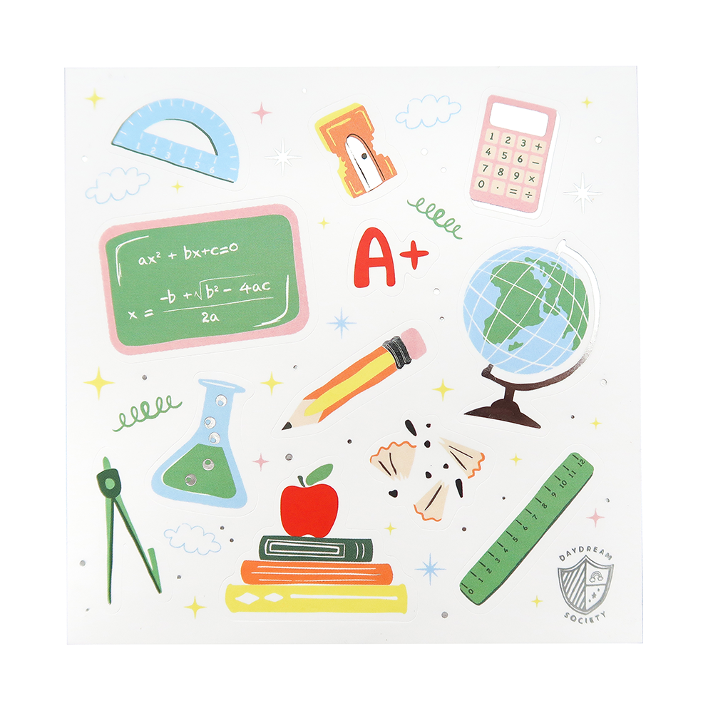 Illustrations of educational items including a chalkboard, books, apple, globe, and calculator on a white background.