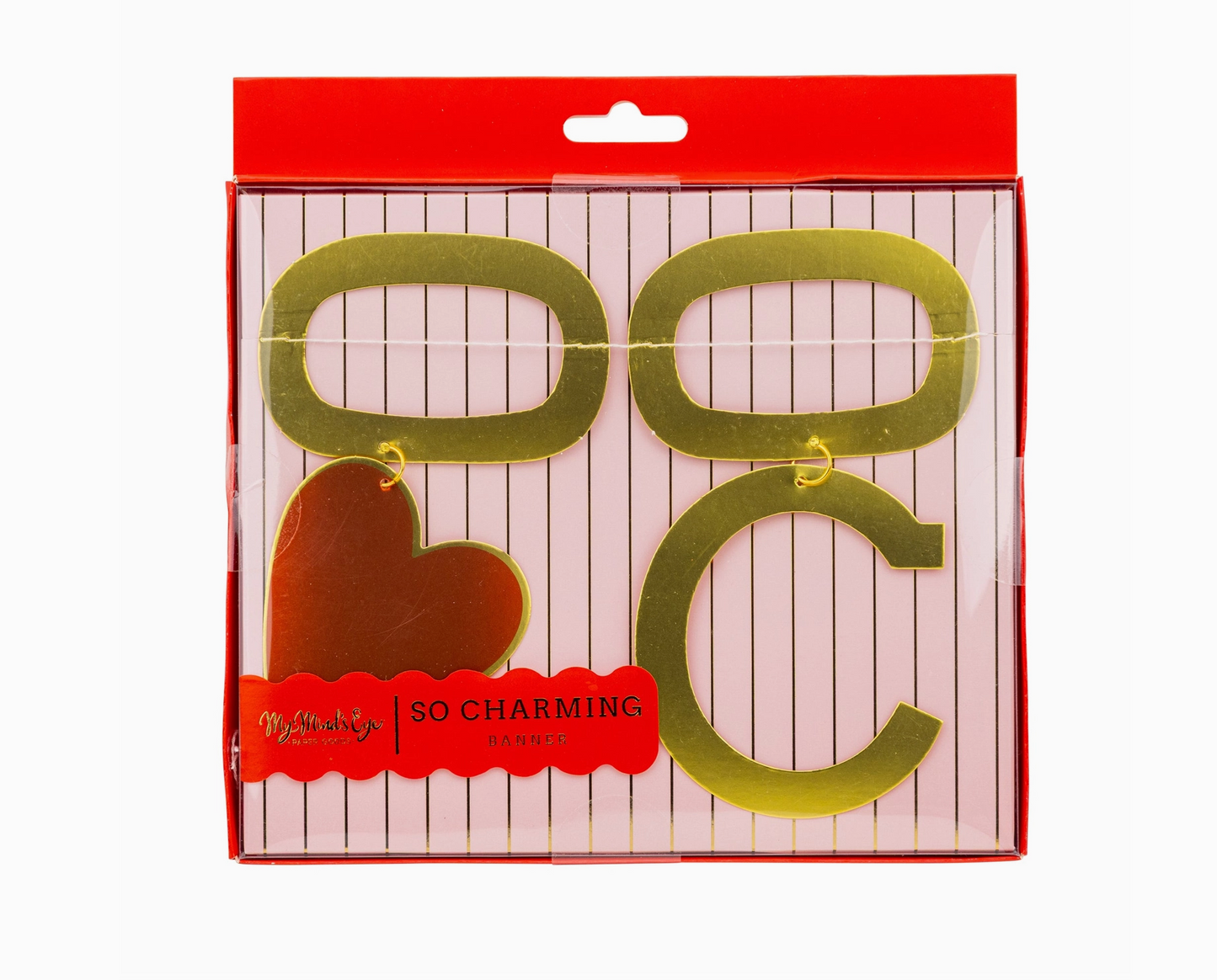 Packaged gold heart-shaped earrings with a red label on a white background