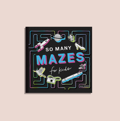Book titled 'So Many Mazes for Kids' with colorful maze illustrations on a beige background