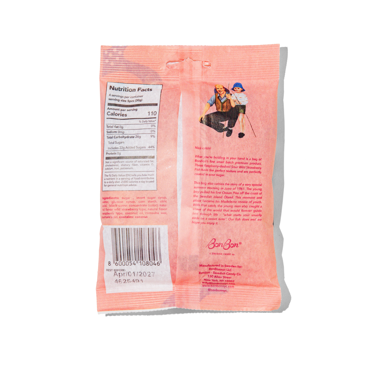 Pink snack package with nutritional information and branding on a white background