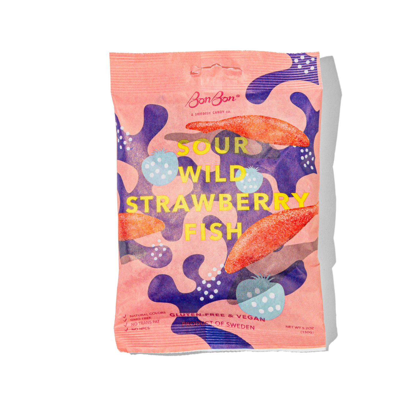 Packaging of Sour Wild Strawberry Fish candy with colorful design on a white background