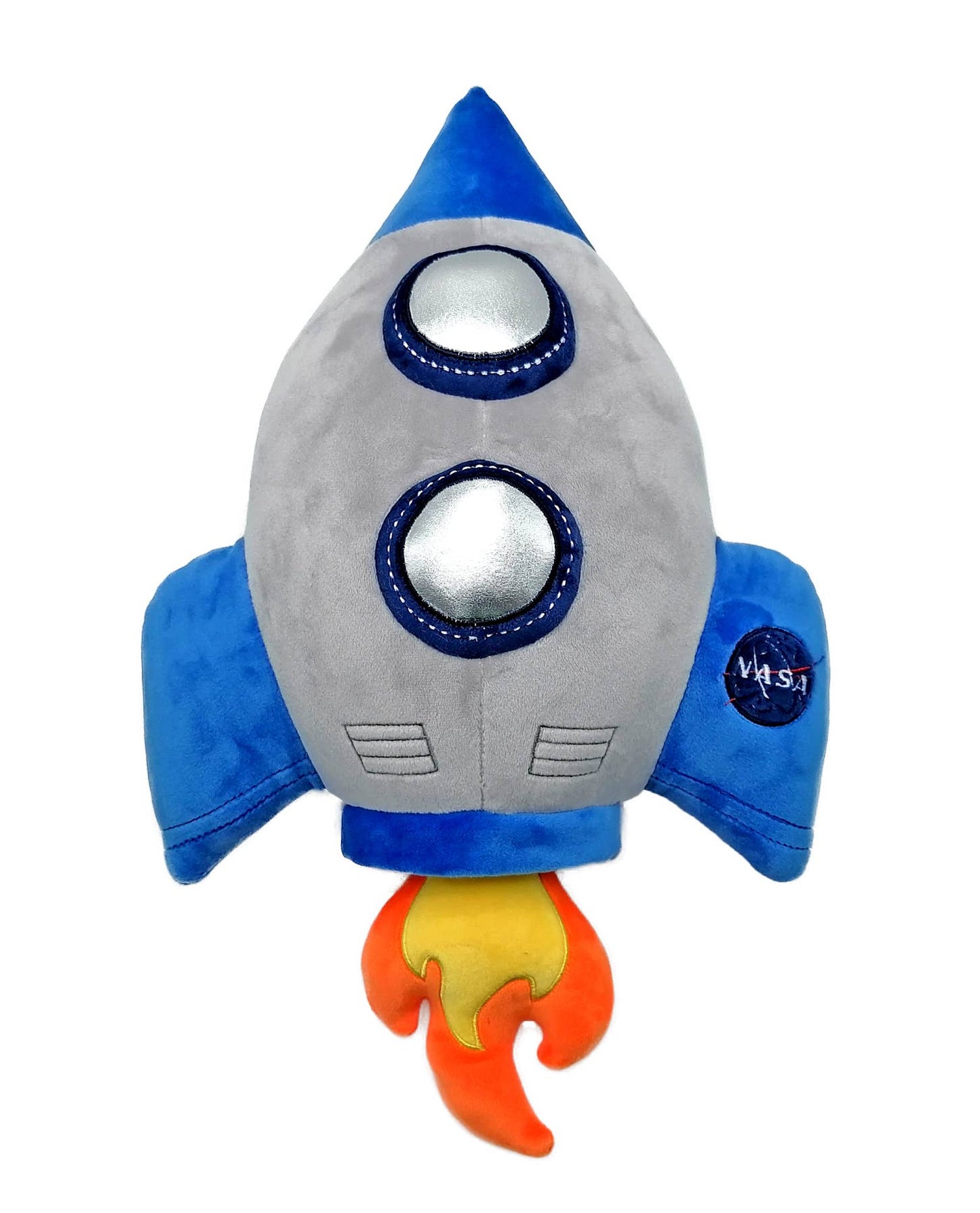 Plush toy rocket ship with blue body, gray middle section, and orange flame on a white background