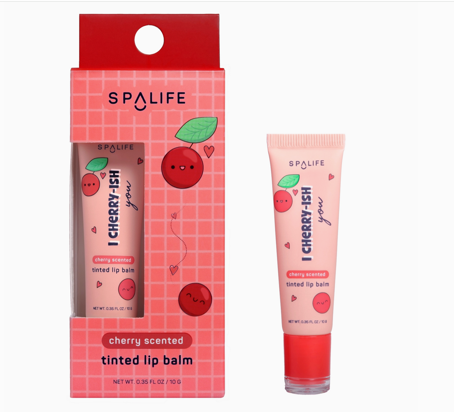 Spalife cherry-scented tinted lip balm with packaging on a white background