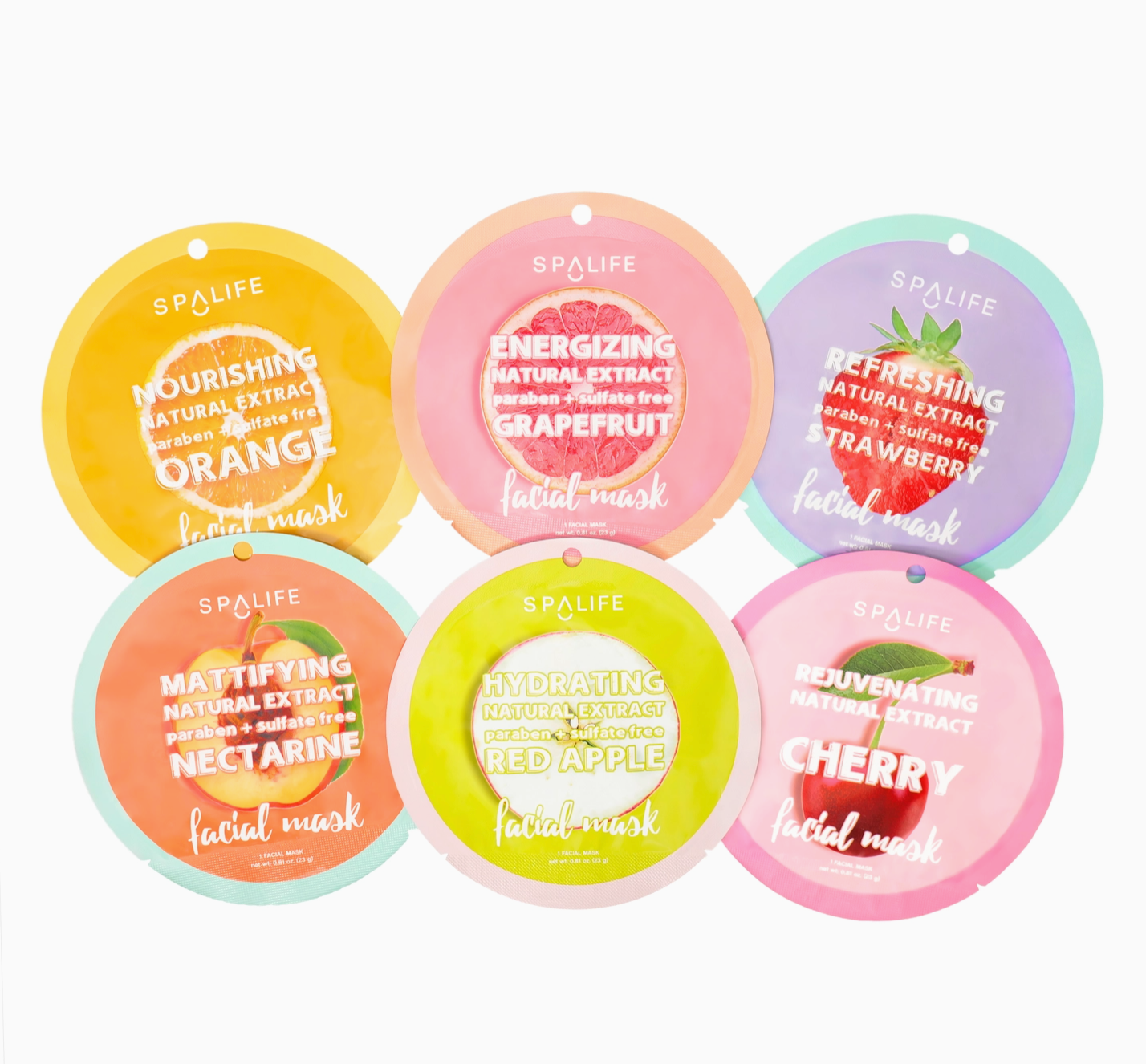 Six round facial mask packets arranged in two rows on a white background. The packets are yellow-orange, pink grapefruit, lavender-strawberry, mint-nectarine, lime-red apple, and pink-cherry, each with the brand name SPALIFE visible at the top.