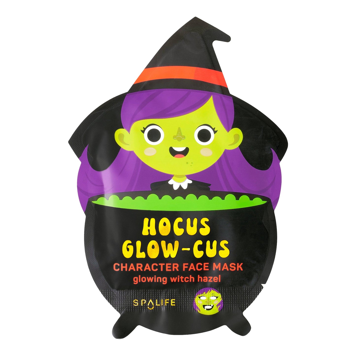 Halloween-themed character face mask packaging with a witch design on a white background.