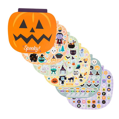 A Halloween-themed sticker set featuring a large orange pumpkin-shaped container labeled 'Spooky!' and several overlapping pastel sheets filled with assorted stickers including pumpkins, bats, ghosts, witches, and candy motifs on a white background.