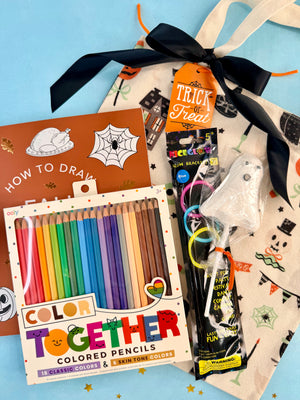Halloween Boo Bag for kids ages 5+ with colored pencils, fall drawing book, glow bracelets, ghost lollipop and reusable canvas tote