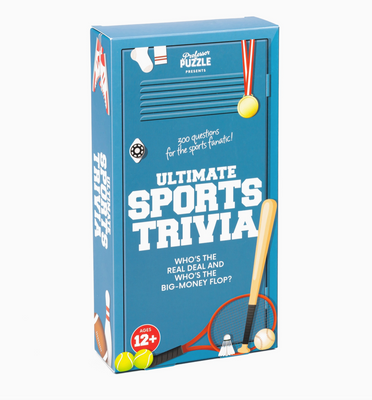 A box of 'Ultimate Sports Trivia' containing 300 trivia questions, with a sports-themed design on the packaging and indicating an age requirement of 12+.