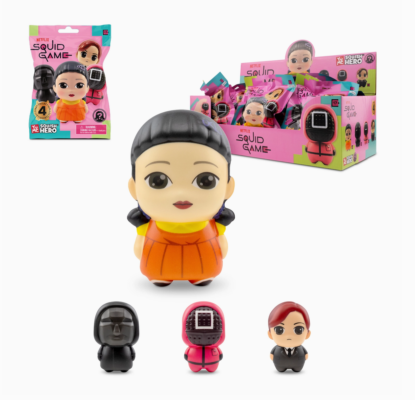Squid Game-themed figurines with packaging on a white background