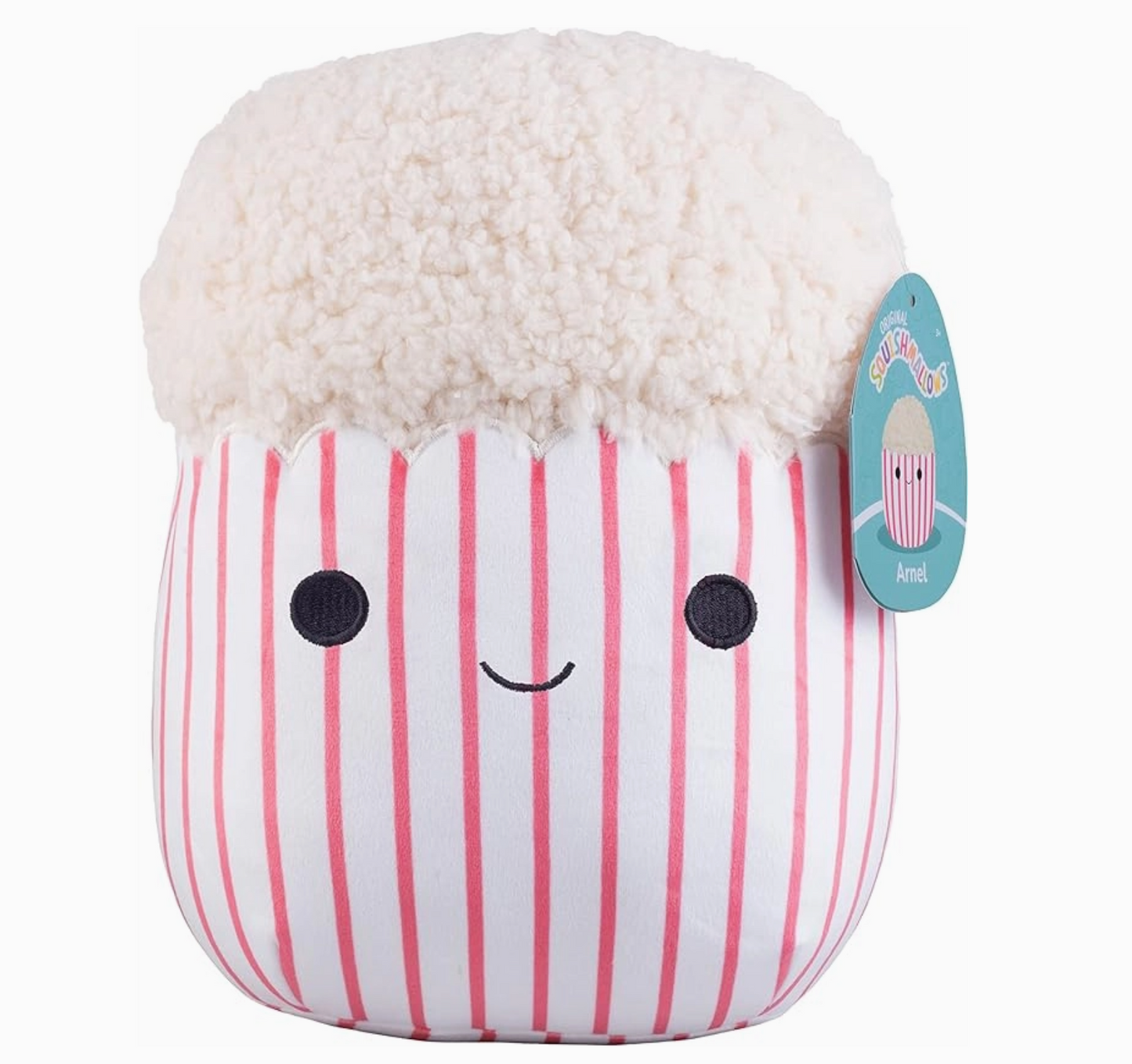 A plush toy resembling a popcorn with a striped pattern and a smiling face.