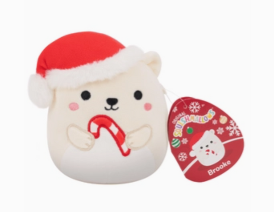 Plush toy resembling a bear in a Santa hat with a candy cane, attached to a red tag with 'Brooke' on it.