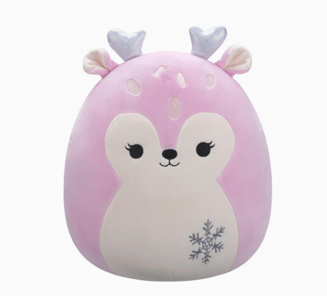 Pink plush toy with deer design on a white background
