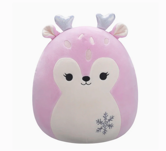 Pink plush toy with deer design on a white background