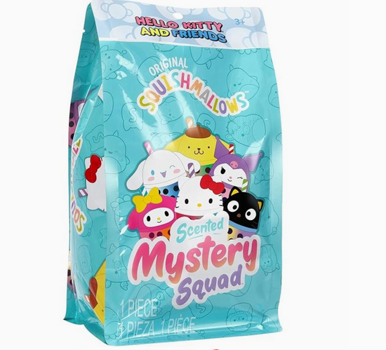 Squishmallows Mystery Squad packaging with Hello Kitty and Friends branding on a white background