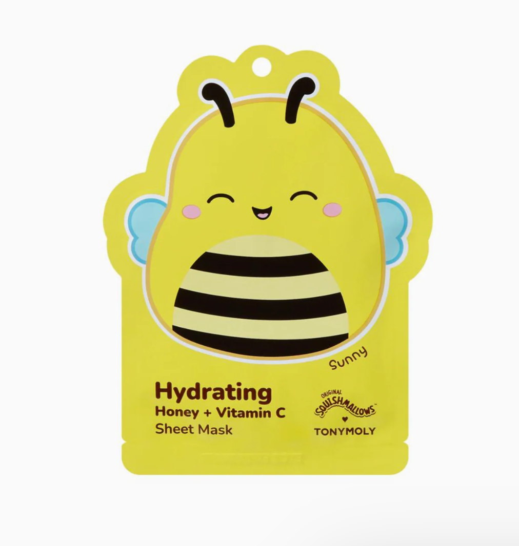 Hydrating honey + vitamin C sheet mask packaging with a bee design on a yellow background