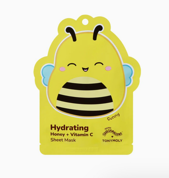Hydrating honey + vitamin C sheet mask packaging with a bee design on a yellow background