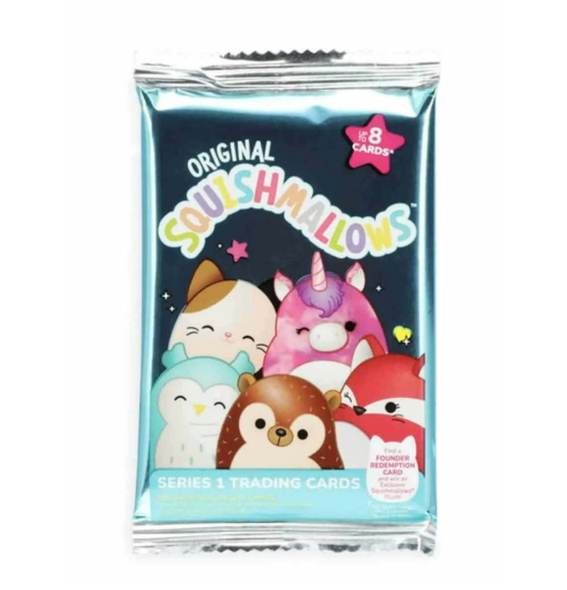 Squishmallows trading card pack with cartoon characters on a white background