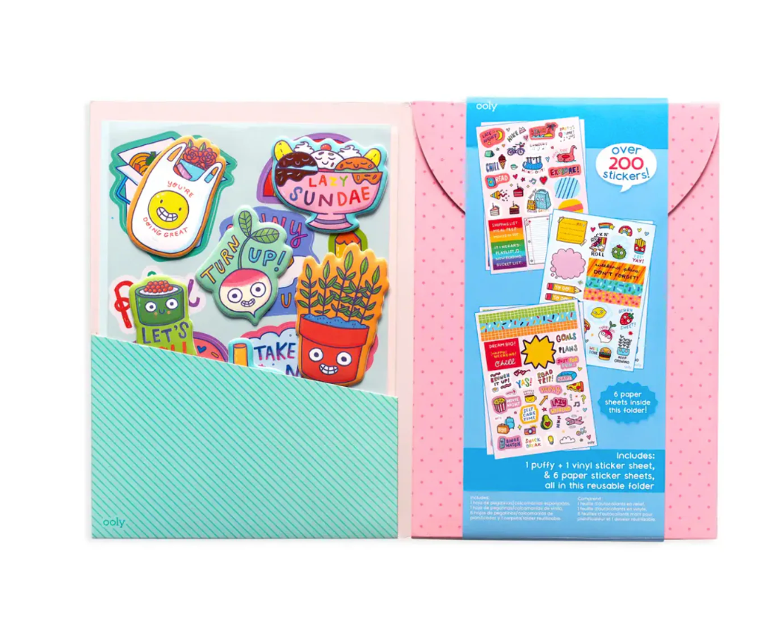 Sticker book with colorful designs and a separate sheet of stickers on a white background