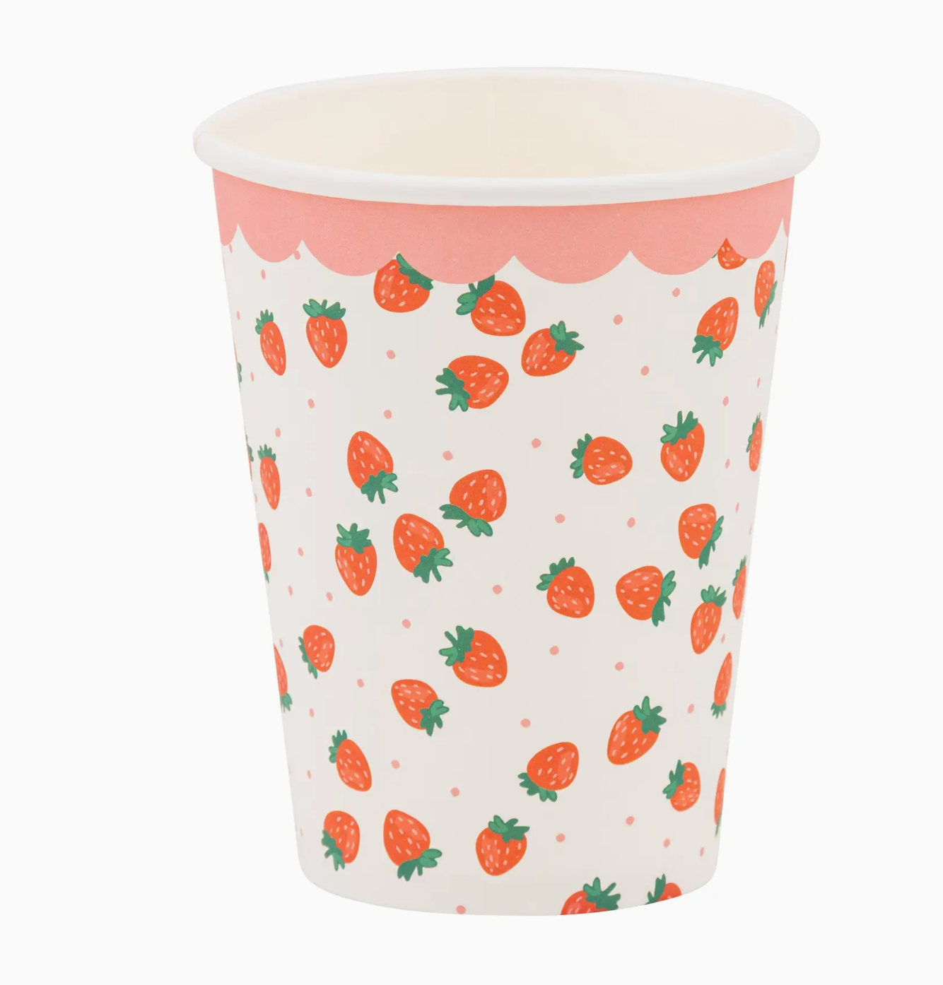 Paper cup with strawberry pattern on a white background