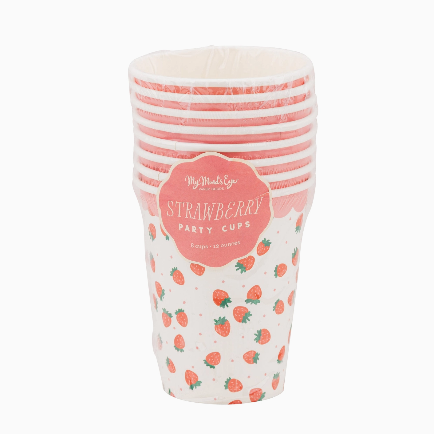 Set of strawberry-themed party cups with a visible brand label on a white background