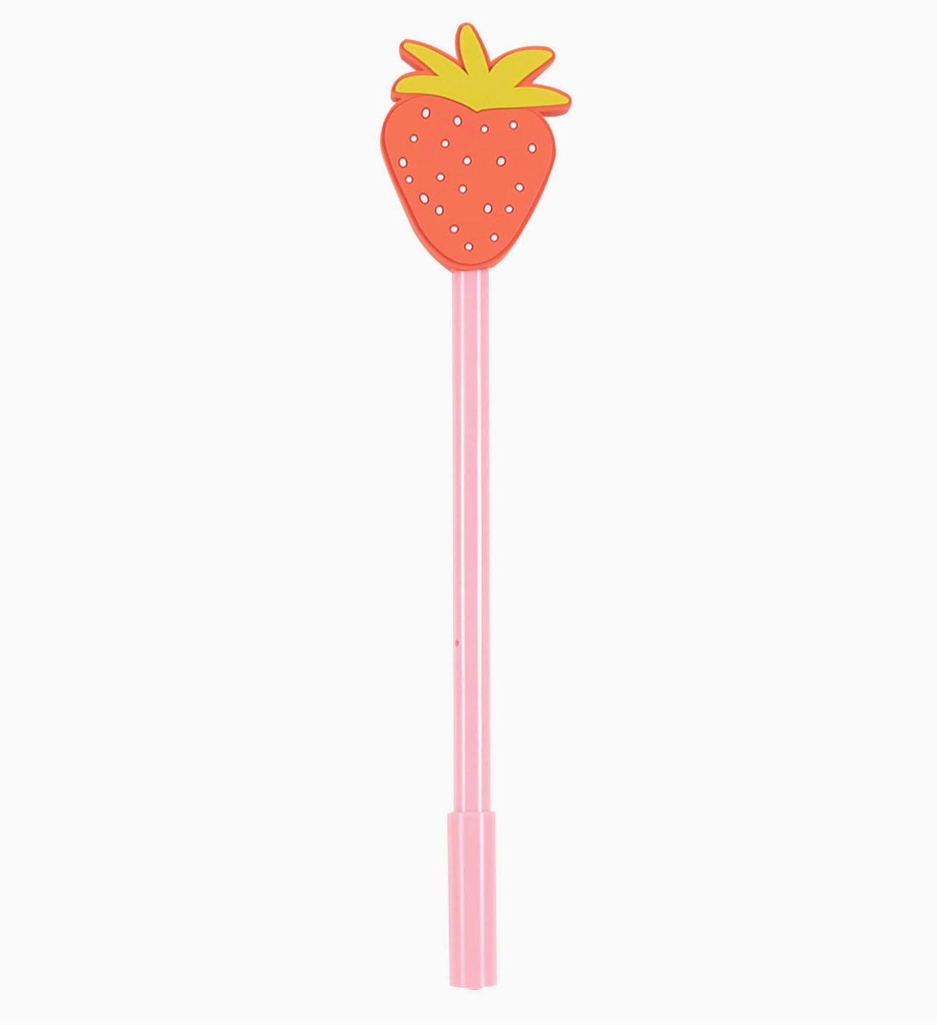 A pink gel pen with a custom-designed strawberry topper.