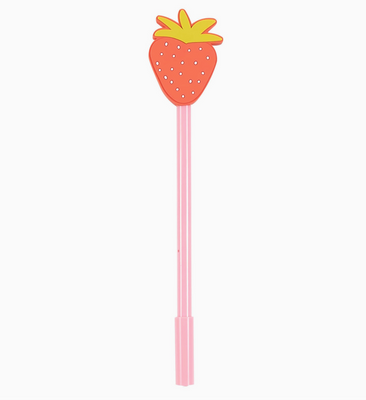 A pink gel pen with a custom-designed strawberry topper.