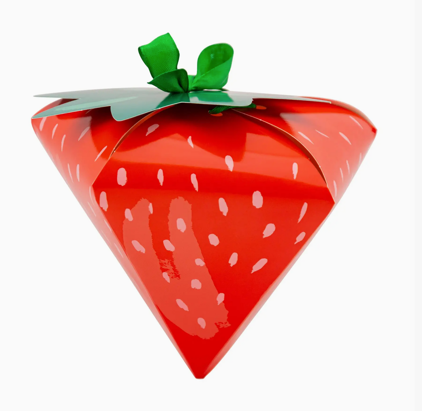 Strawberry-shaped gift box with a green leaf on a white background
