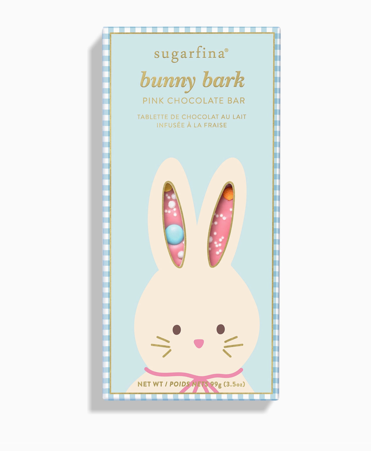 sugarfina bunny bark pink chocolate bar packaging on a white background